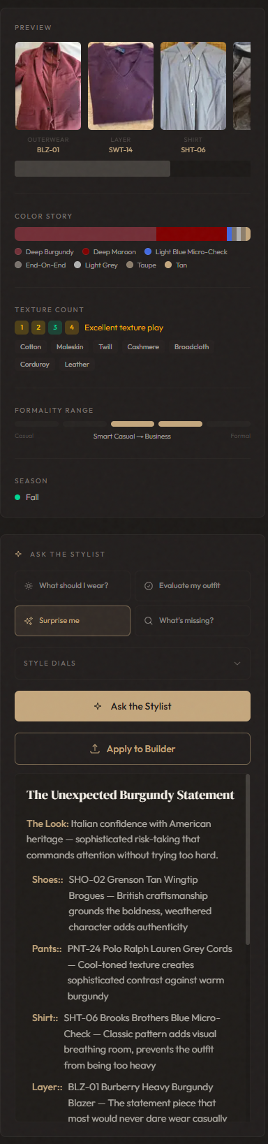 Style Assist app showing preview, color story, and texture analysis