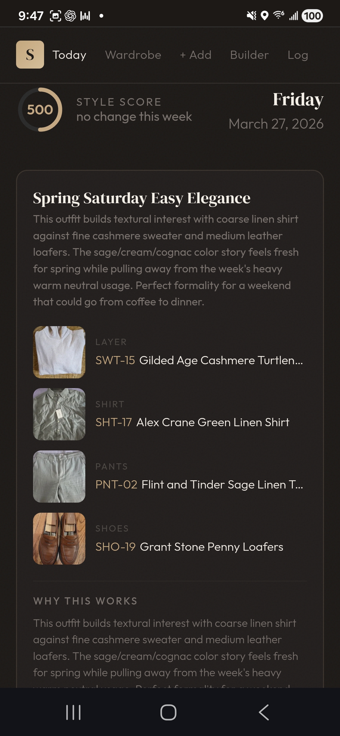 Style Assist outfit recommendation showing texture, color, and rotation analysis
