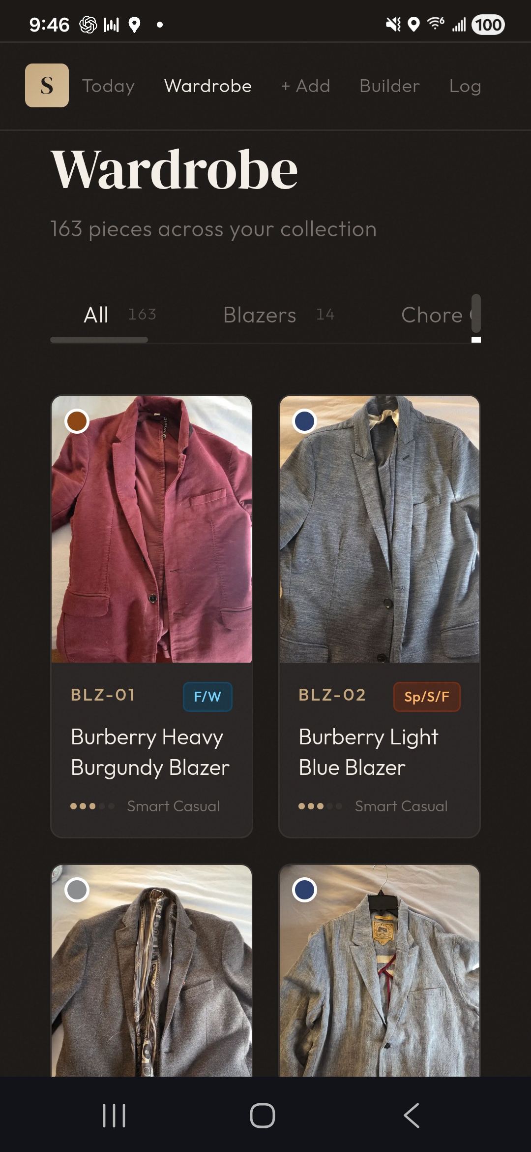 Style Assist wardrobe catalog showing garments, metadata, and organization